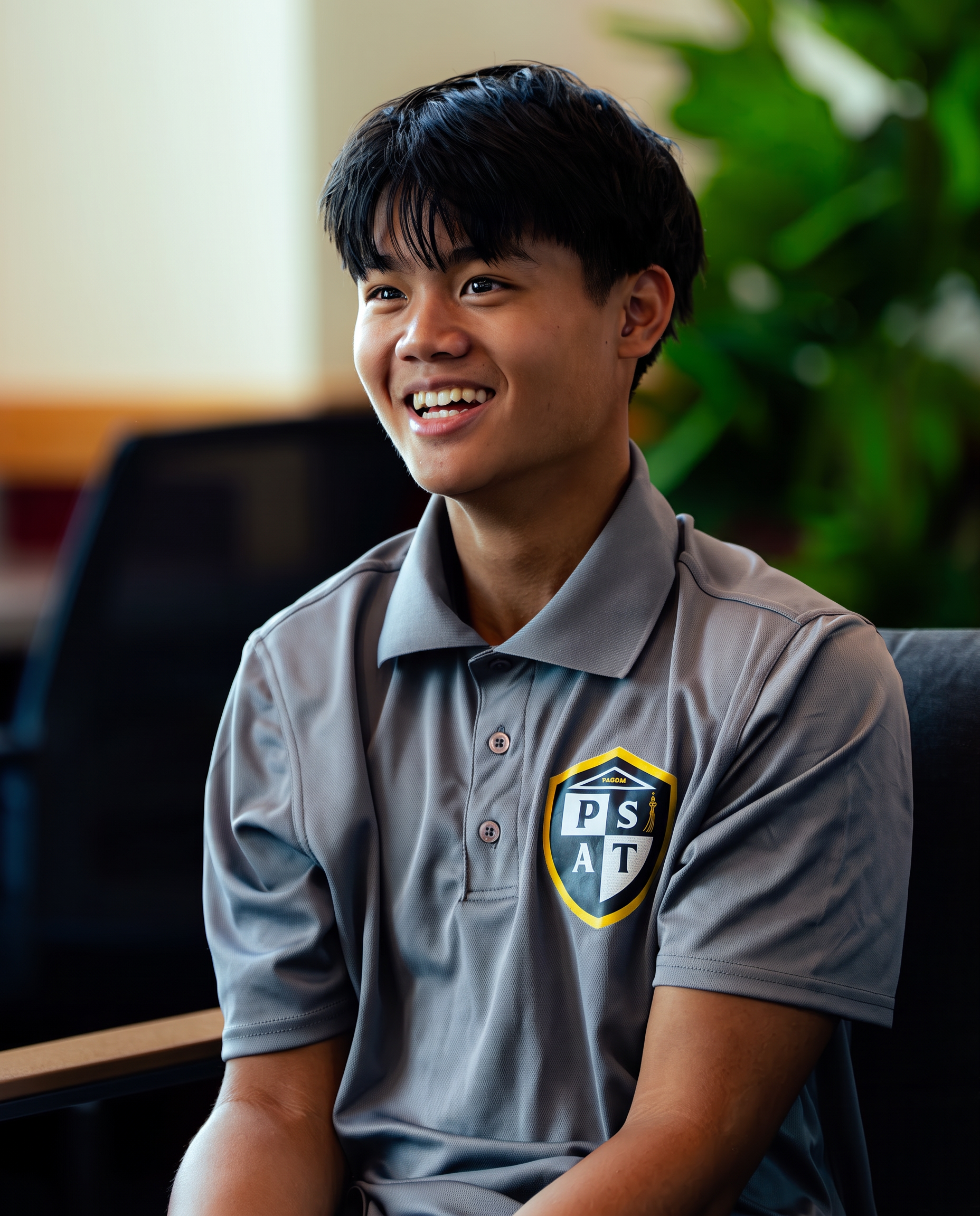 Aidan, a PSAT Academy student, smiling in his PSAT polo
