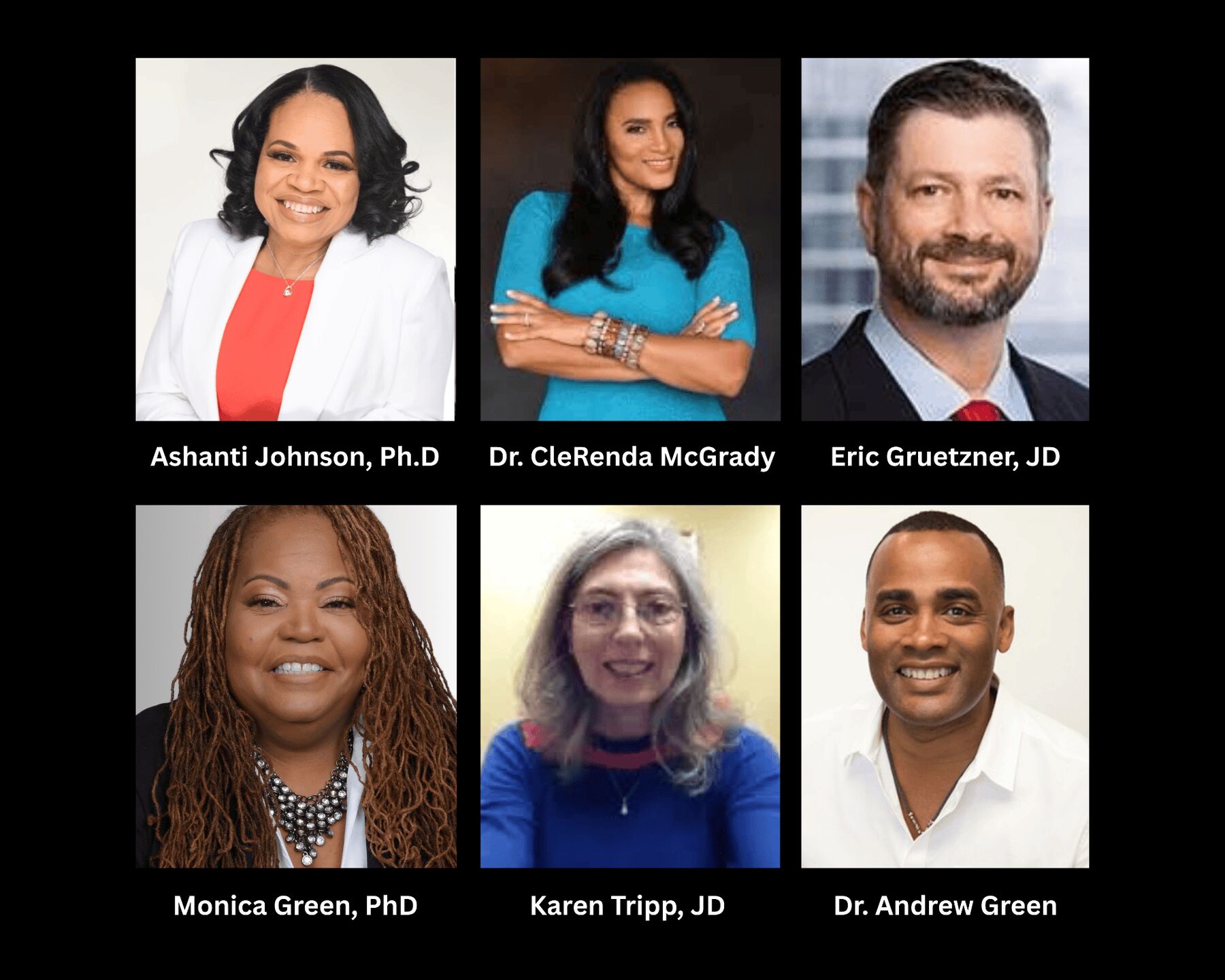 PSAT Academy Board of Directors featuring Ashanti Johnson Ph.D, Dr. CleRenda McGrady, Eric Gruetzner JD, Monica Green PhD, Karen Tripp JD, and Dr. Andrew Green